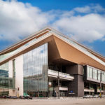 Modern architectural building with glass facade exterior.