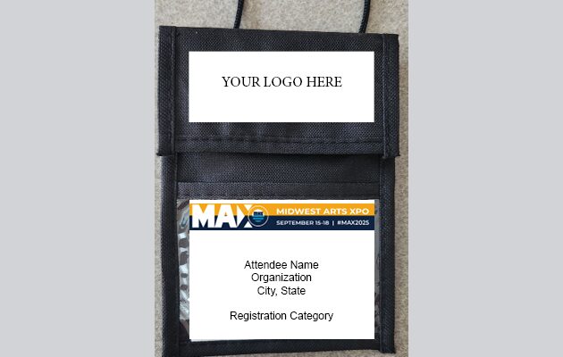 Conference badge holder with customizable logo and attendee details.