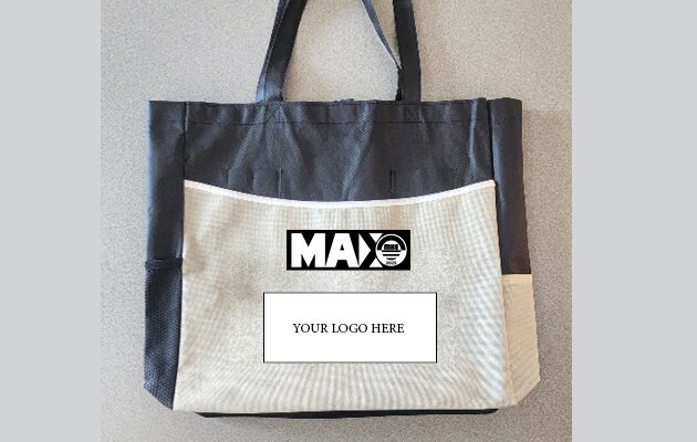 Canvas tote bag with custom logo and text area.