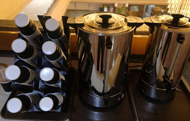 A sleek stainless steel electric kettle on a kitchen counter.