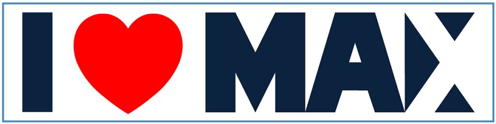 Partial view of a bold, dark blue letter M on a white background.
