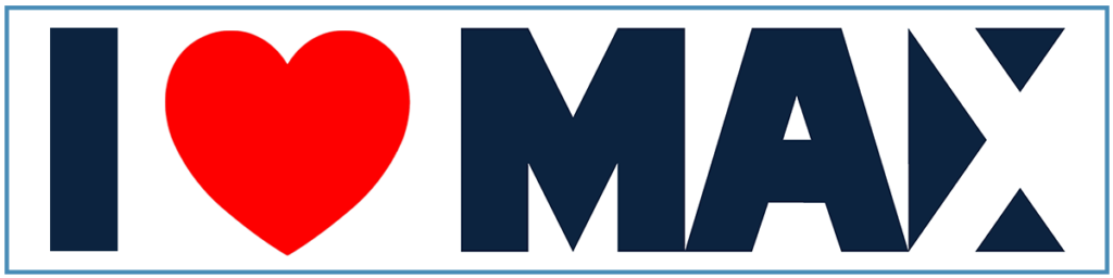 Partial view of a bold, dark blue letter M on a white background.